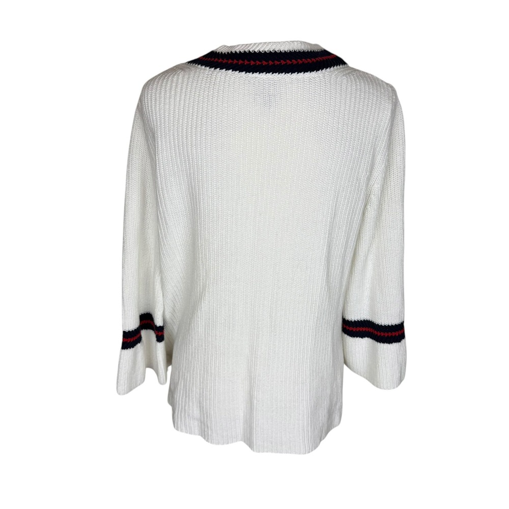 Cabi Ace hite Shaker Stitch V-Neck Pullover Sweater Striped Trim 5639 Small - Picture 8 of 10